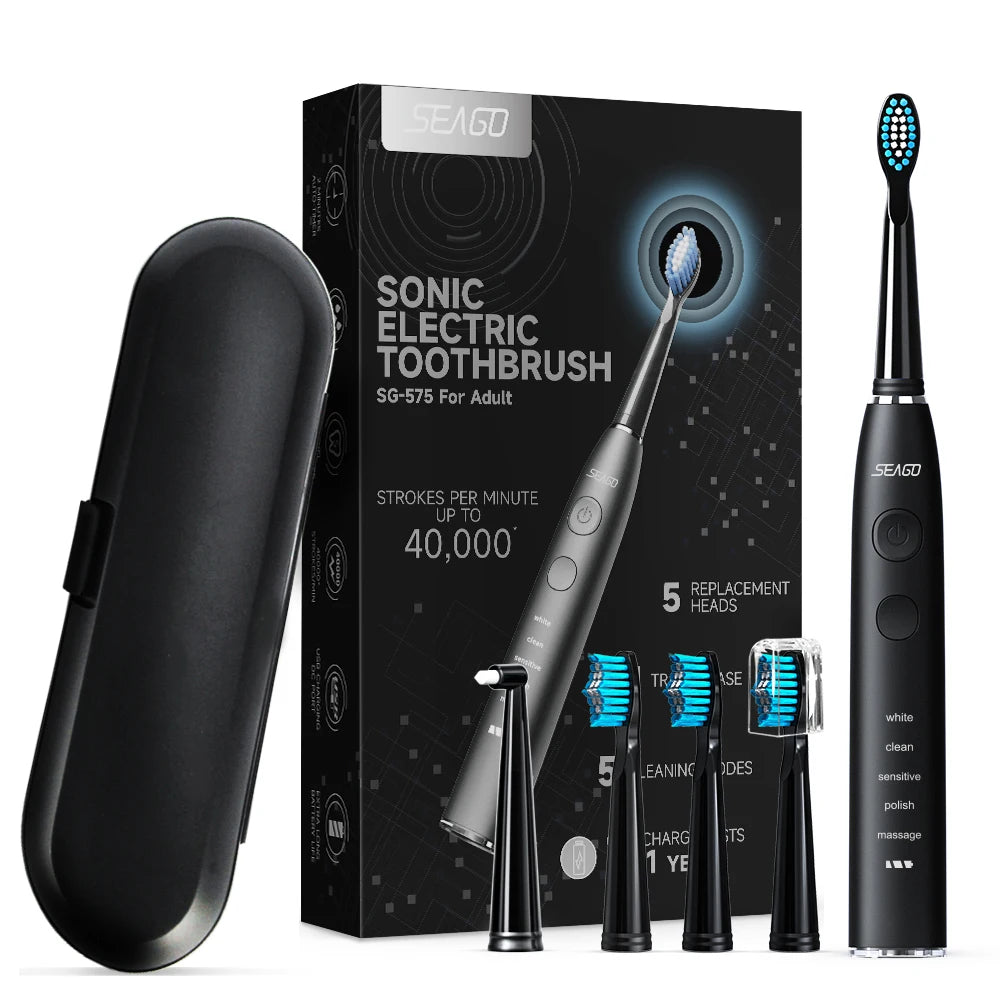 Seago Electric Toothbrush Sonic Toothbrush Once Charge Last about 300 Days 5 Modes 5 Toothbrush Heads 1 Travel Box Teeth Clean