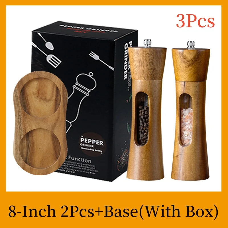 8inch Pagoda Acrylic Pepper Mill Sets With Base,Manual Wooden Salt and Pepper Grinder With Ceramic Core Spice Shaker Tools Sets
