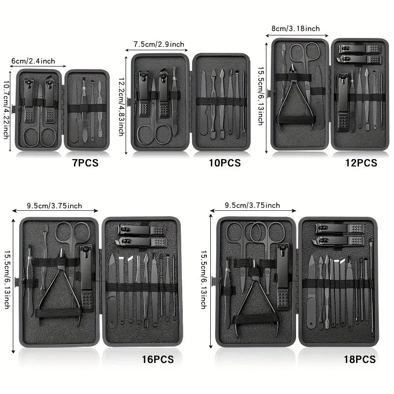 Stainless Steel 7/10/16/18pcs Black Manicure kit Pedicure Set Scissors Nail Clipper Grooming Tool Kit with Travel Case