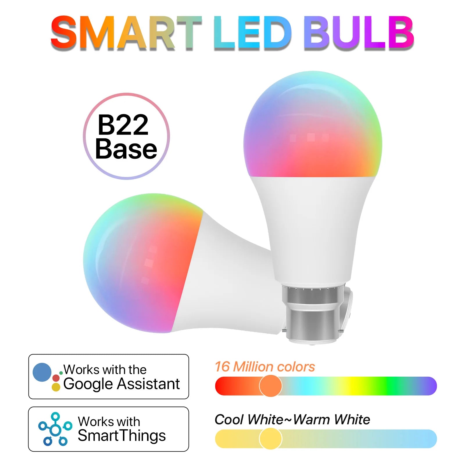 2pcs Smart Light Bulb B22 Bayonet 220V Colour Changing Light Compatible with Echo Alexa Google Home 9W RGBCW Bluetooth WiFi