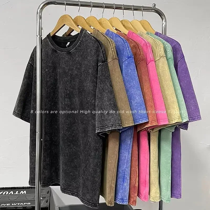 Distressed Heavy Cotton Short Sleeve T-shirt For Men Loose Fit Hong Kong Style Ins Half Sleeve Summer Trendy Body T-shirt