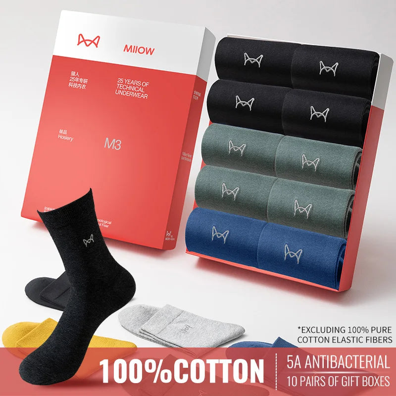 MiiOW 100% Pure Cotton Socks Men Business Dress Long Sock Antibacterial Anti Odor Crew Socks Solid Color Breathable Sport Sock