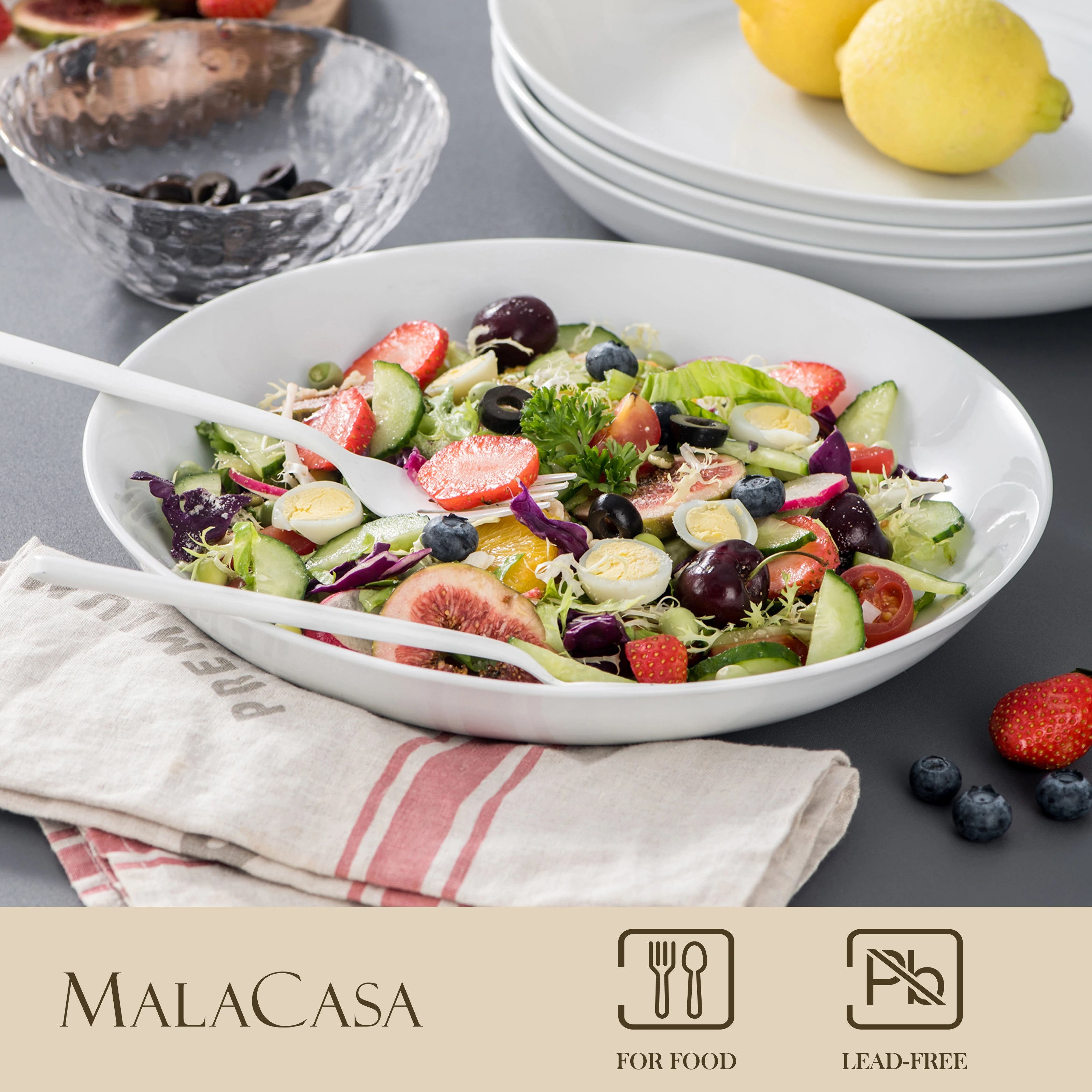 MALACASA 4/8/12 Piece Large Pasta Bowls Set 1680 ML Salad Bowl Ceramic Bowl Sets Wide and Shallow Bowls Set For Fruit/Pasta