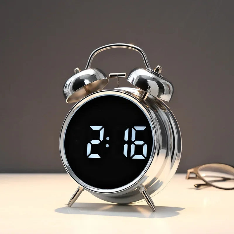 Multifunctional Extra Large Metal Alarm Clock with LED Screen Plug-In Children's Clock for Heavy Sleepers