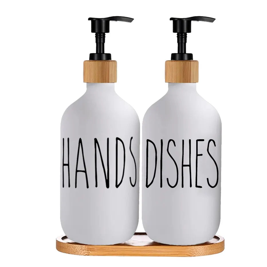 500ml Hand Dish Soap Dispenser Set With Bamboo Tray Refillable Plastic Bottle Shampoo Shower Gel Lotion Liquid Empty Container