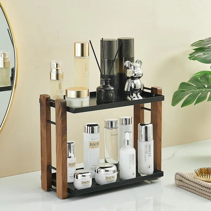 Bathroom vanity dressing skin care cosmetics wooden storage box desktop shelf washstand，wood KitchenTwo-layer Storage Rack