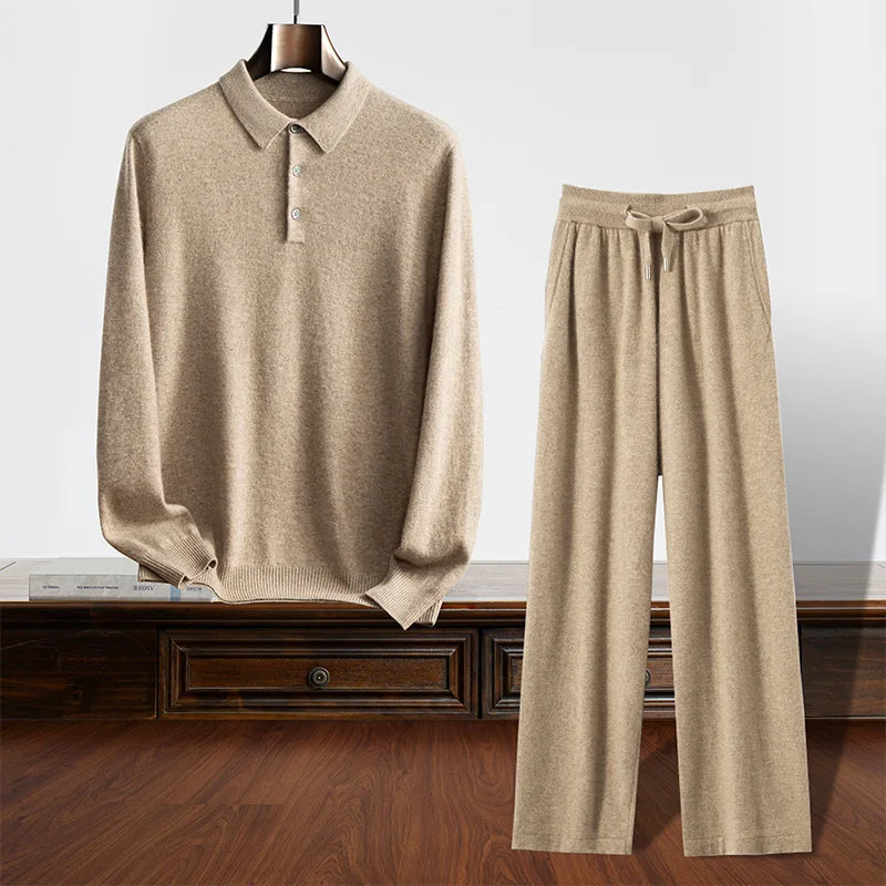 100% Cashmere Sweater Men's Knitted POLO Collar Pullover Casual High Waisted Knitted Straight Leg Pants Winter Warm Menswear