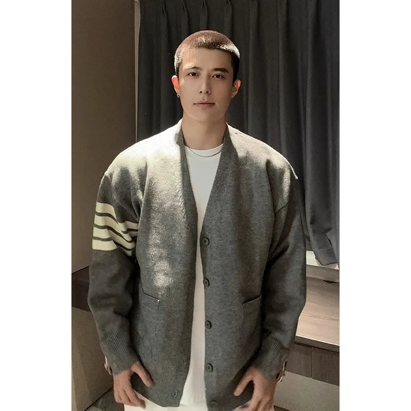 ay Striped Knit Cardigan Spring Autumn Men's V-Ne Sweater Casual Loose Fit Long Sve Polyester Fiber Faionable