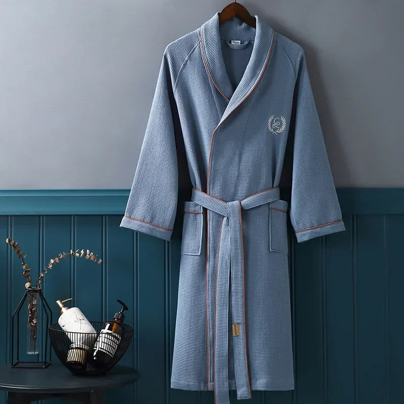 High Quality Hotel Home Waffle Bathrobe For Men Pure Cotton Embroidered Lapel Absent Bath Robe Men's Solid Color Dressing Gown