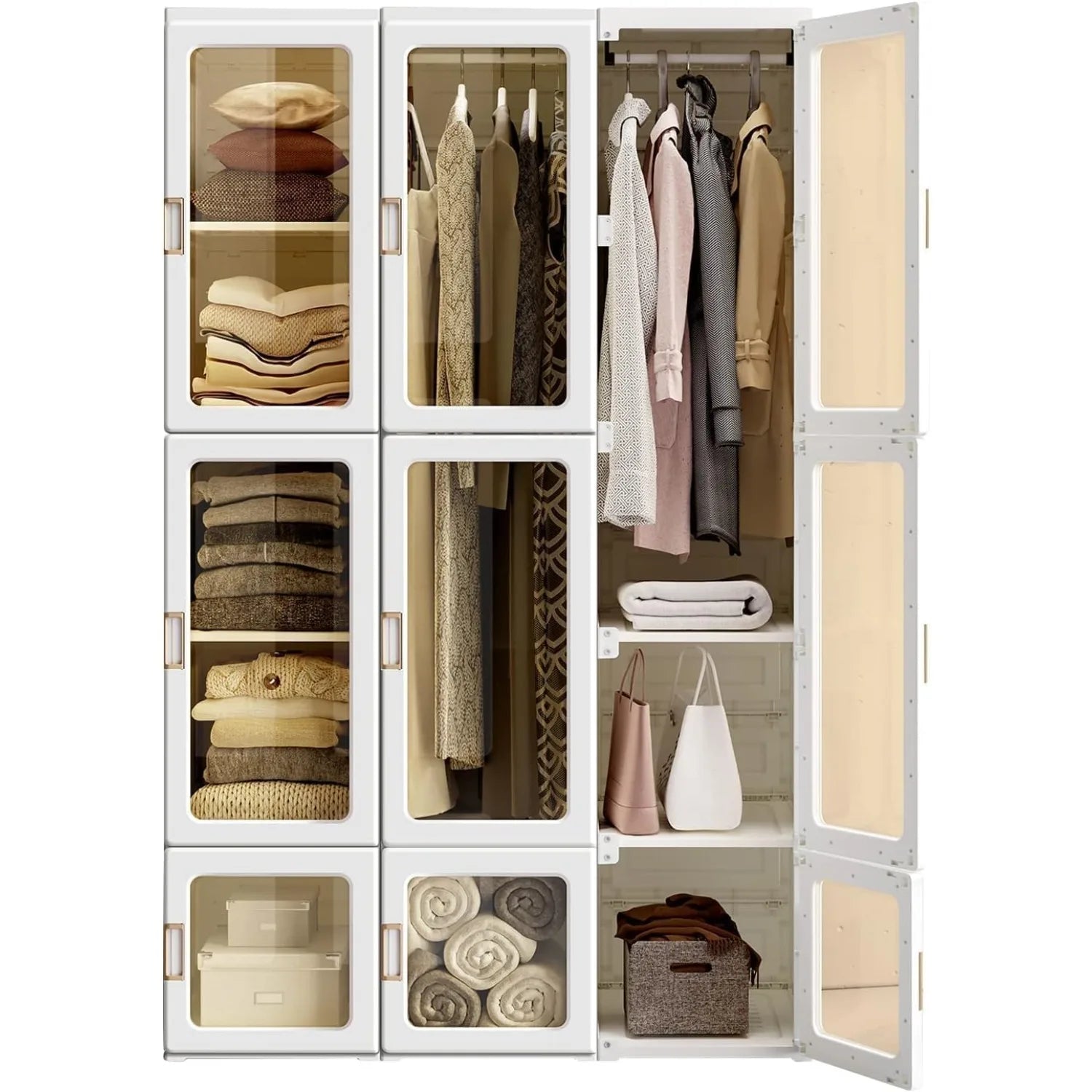 B Portable Wardrobe Closet Storage Organizer Transparent Door Panels, Plastic Wardrobe with Magnetic Door and Easy Assembly