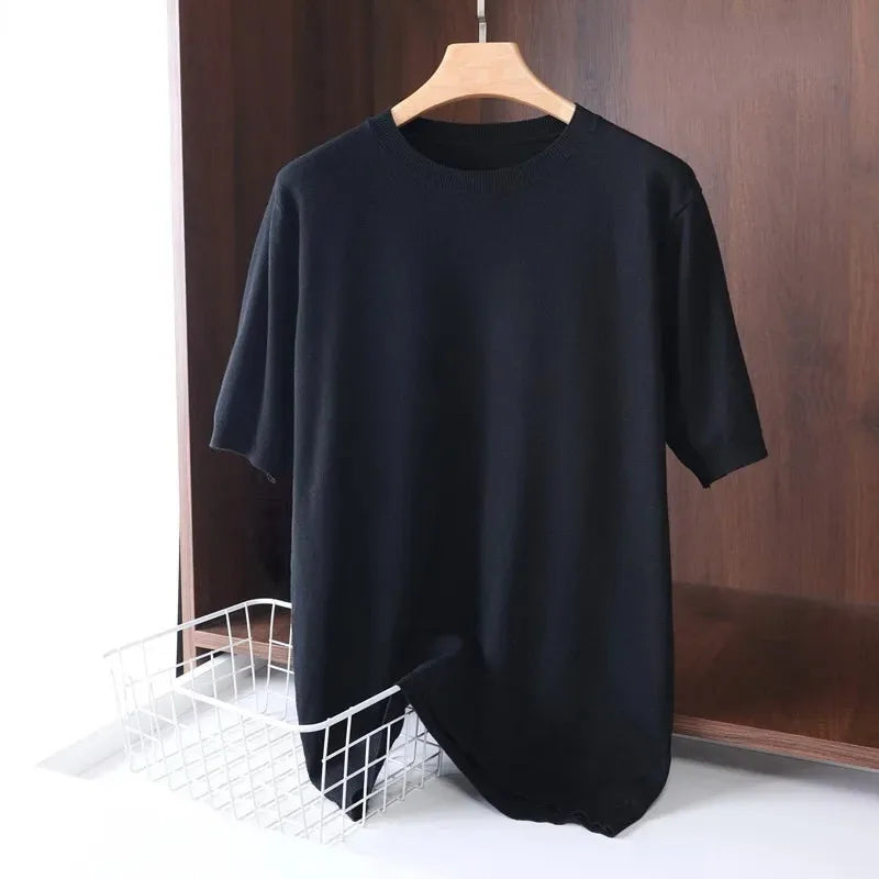 Men's  Superfine Merino Wool T Shirt Knitted O-neck Breathable Thin Cashmer Short Sleeve Tee Solid Color Knitting  Jumpers Tops