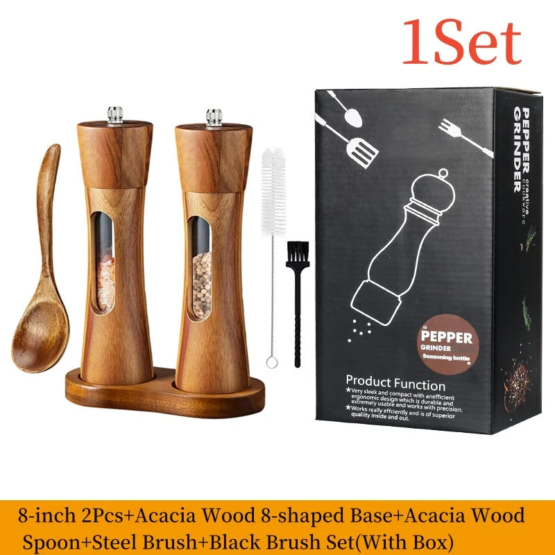 8inch Pagoda Acrylic Pepper Mill Sets With Base,Manual Wooden Salt and Pepper Grinder With Ceramic Core Spice Shaker Tools Sets