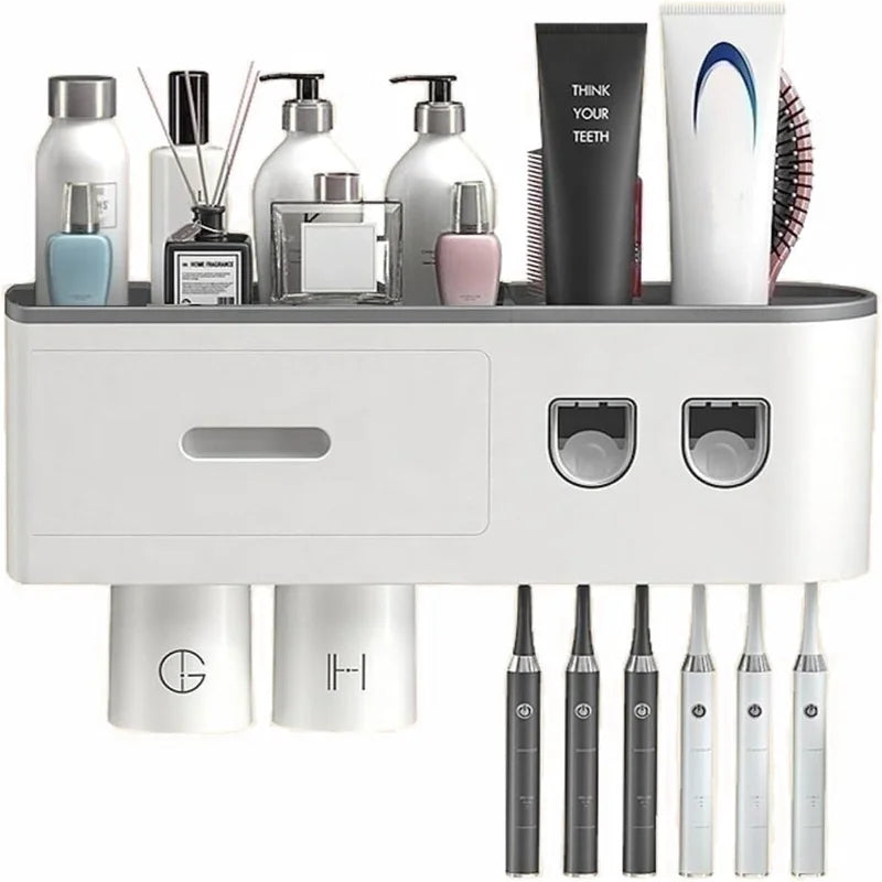 Automatic Toothpaste Dispenser Magnetic Toothbrush 2 Cups Holder 6 Toothbrush Hocks (2 Dispenser 2 Cups)
