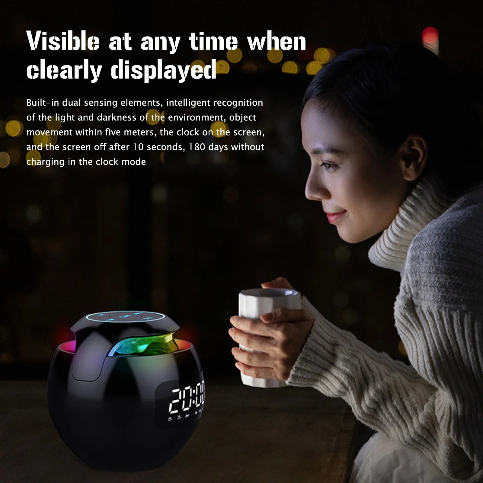 Spherical Desk Alarm Clock 2000mAh LED Screen Music Player Clock BT 5.0 TF Card FM Radio RGB Colorful Chrismas Gifts for Home