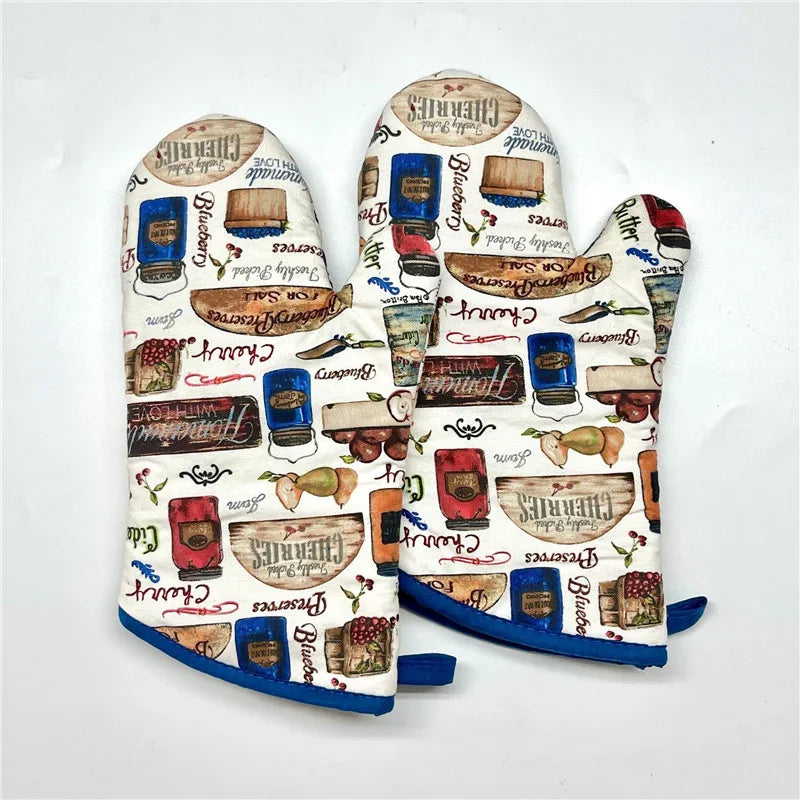 2Pcs 17x33cm Cotton Vintage Printed Oven Mitts Baking Gloves Pad Microwave Insulation Kitchen Tool Party Gift