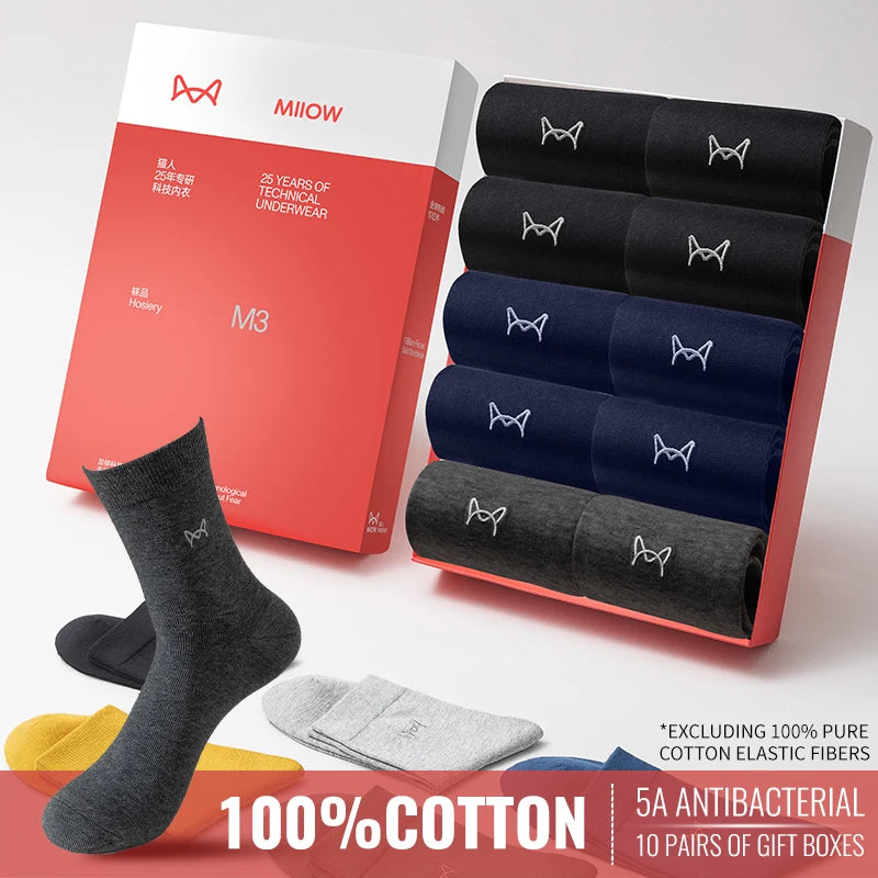MiiOW 100% Pure Cotton Socks Men Business Dress Long Sock Antibacterial Anti Odor Crew Socks Solid Color Breathable Sport Sock