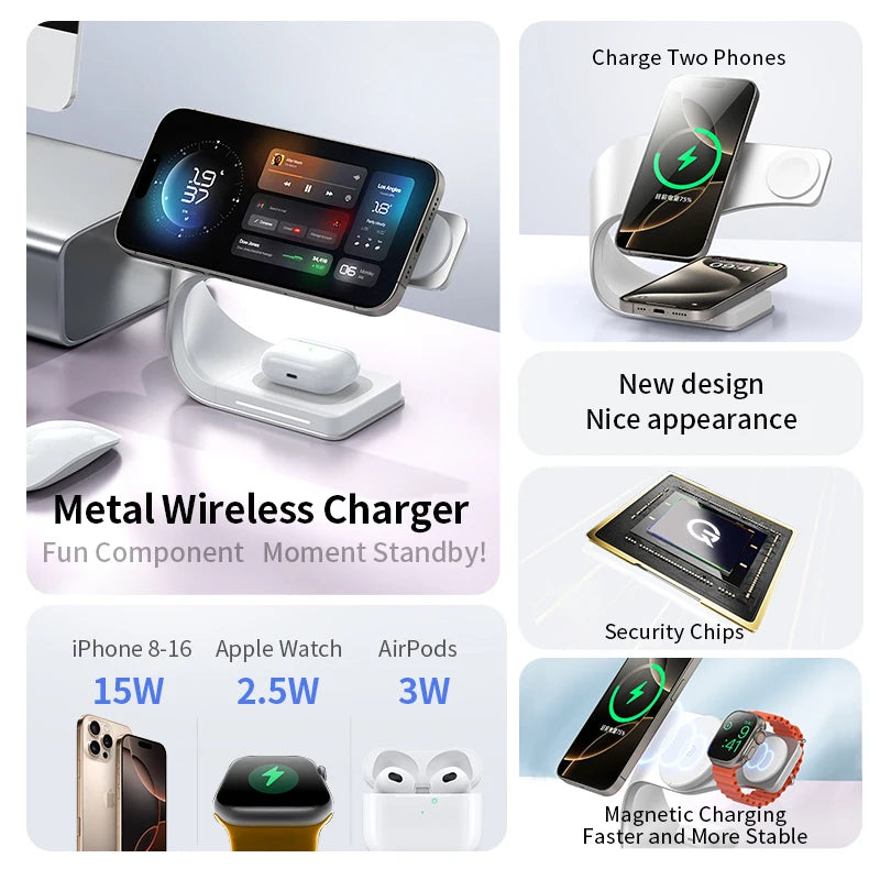 4 in 1 Wireless Charger Metal Shell  for iPhone 15 14 13 12 Magnetic Fast Charging Station Stand Dock for Apple Airpods Watch
