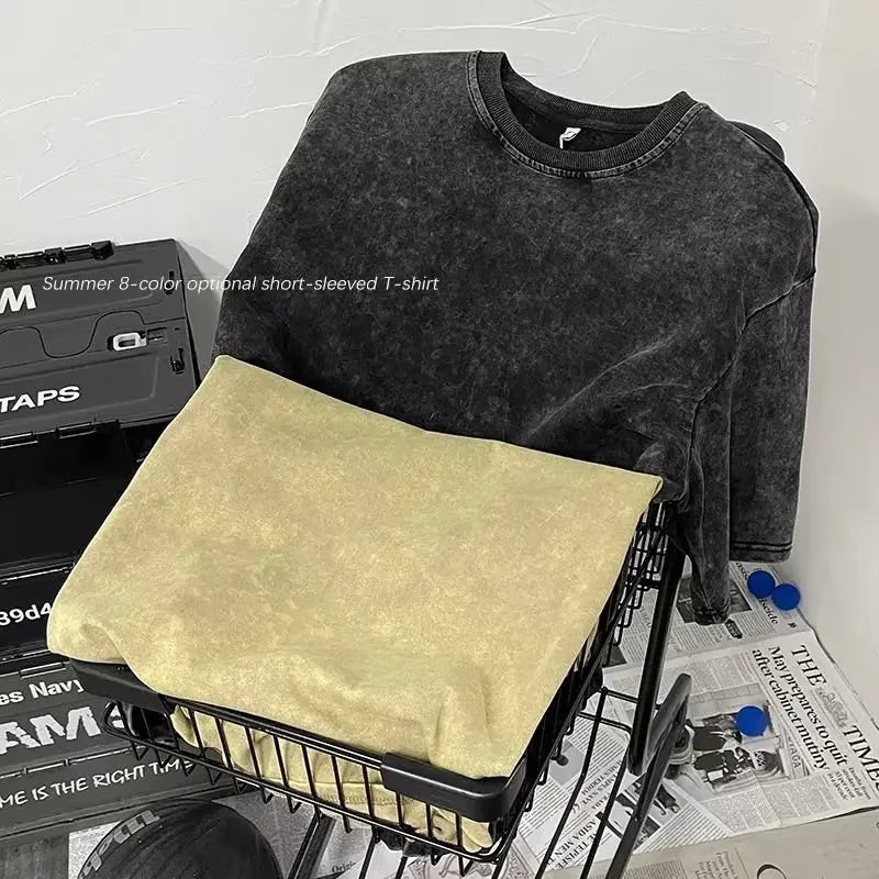 Distressed Heavy Cotton Short Sleeve T-shirt For Men Loose Fit Hong Kong Style Ins Half Sleeve Summer Trendy Body T-shirt