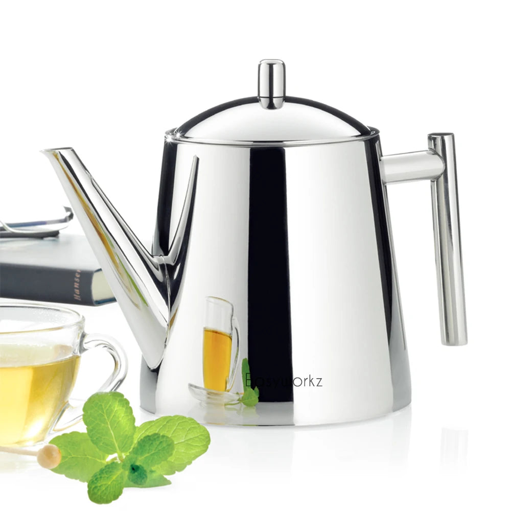 Easyworkz Stainless Steel Double Wall  Tea Pot with Removable Tea Infuser, Perfect for Brewing Your Favorite Tea, Chrome