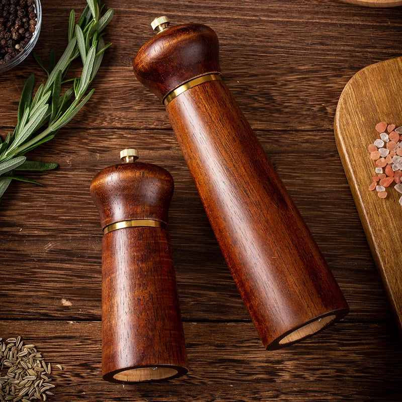 Oak Wooden Salt Pepper Mill with Base Set,Antique Western Style Pepper Grinding Tool,Ceramic Core,Salt Spice Shaker,8Inch, 5Inch