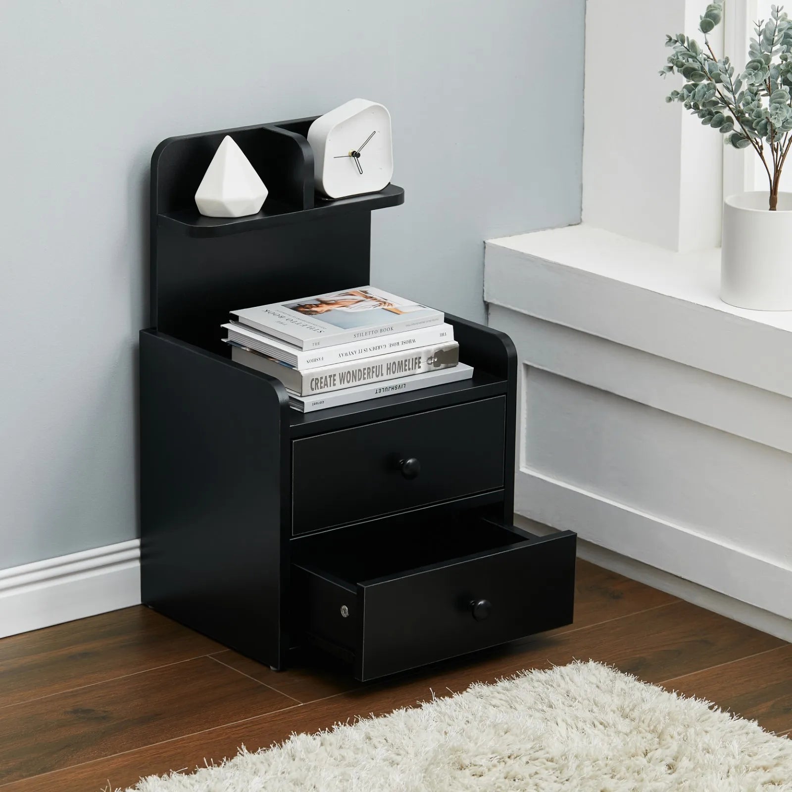 Haodirect Modern Black Double Drawer Nightstand with Shelves Wooden Bedroom Drawer Chest