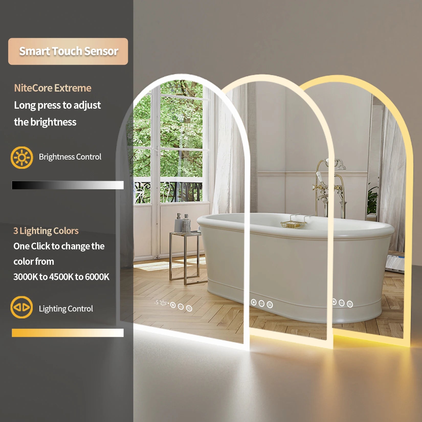 60x90CM Vertical Arch-Shape LED Bathroom Mirror Backlit Frameless Lighted Antifog Mirror Time Temperature Display