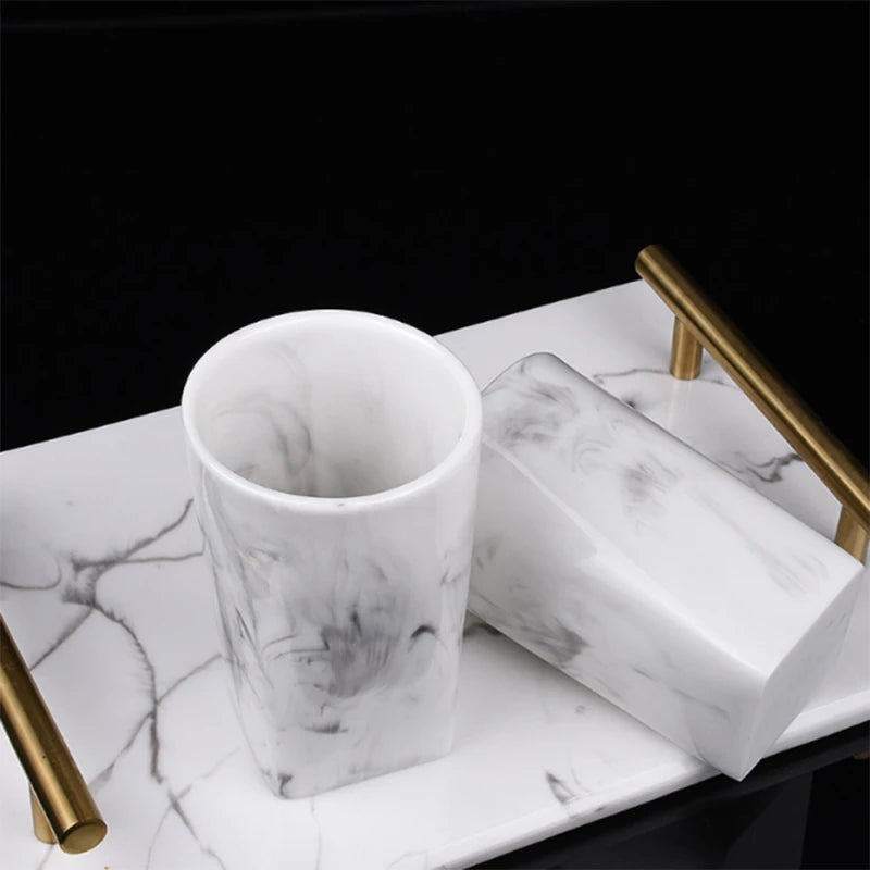 1Set Resin Imitation Marble Bathroom Accessory Kits Mouthwash Cup Soap Toothbrush Holder Shampoo Bottle Household Wash