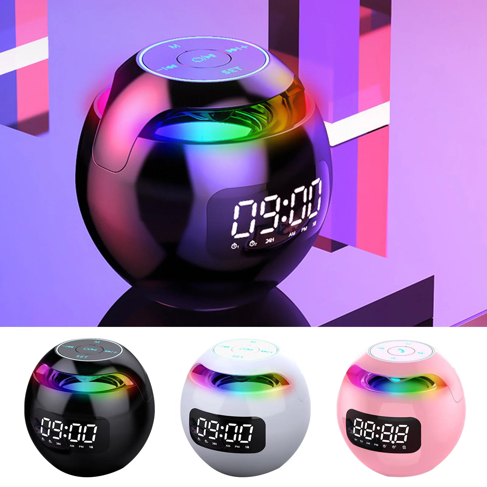 Spherical Desk Alarm Clock 2000mAh LED Screen Music Player Clock BT 5.0 TF Card FM Radio RGB Colorful Chrismas Gifts for Home