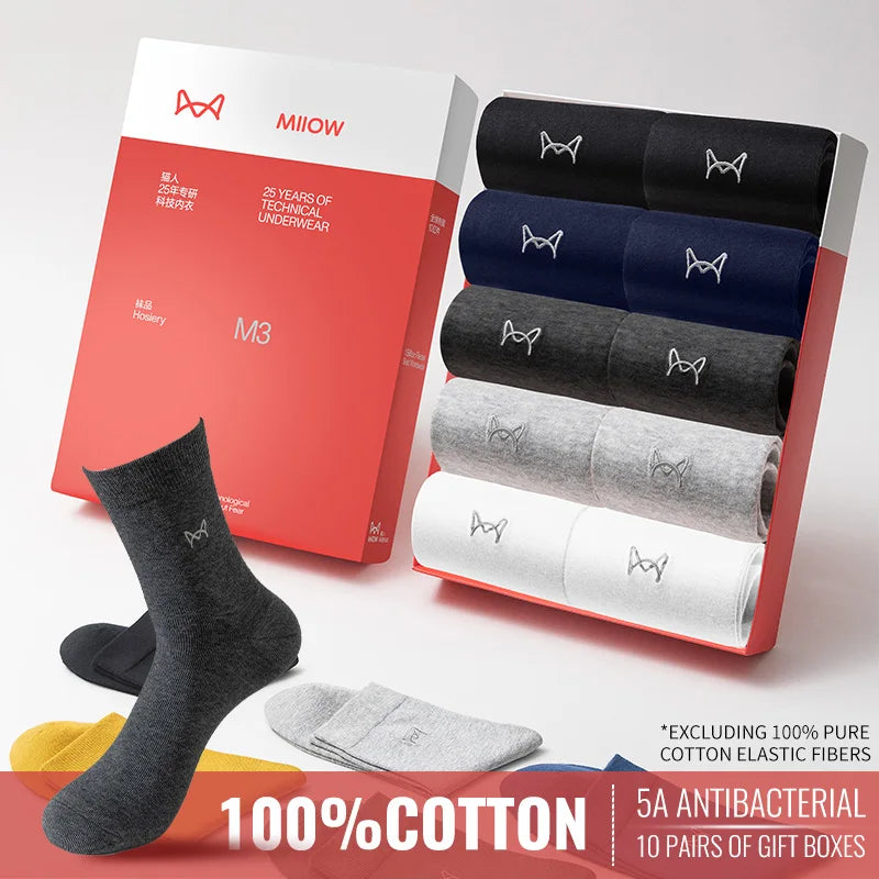 MiiOW 100% Pure Cotton Socks Men Business Dress Long Sock Antibacterial Anti Odor Crew Socks Solid Color Breathable Sport Sock