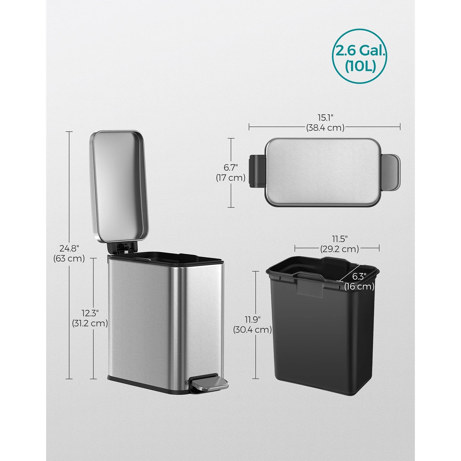 SONGMICS Bathroom Bin, 10L Small Bin with Lid, Pedal Toilet Bin, Slim for Small Spaces, Steel, Soft Close