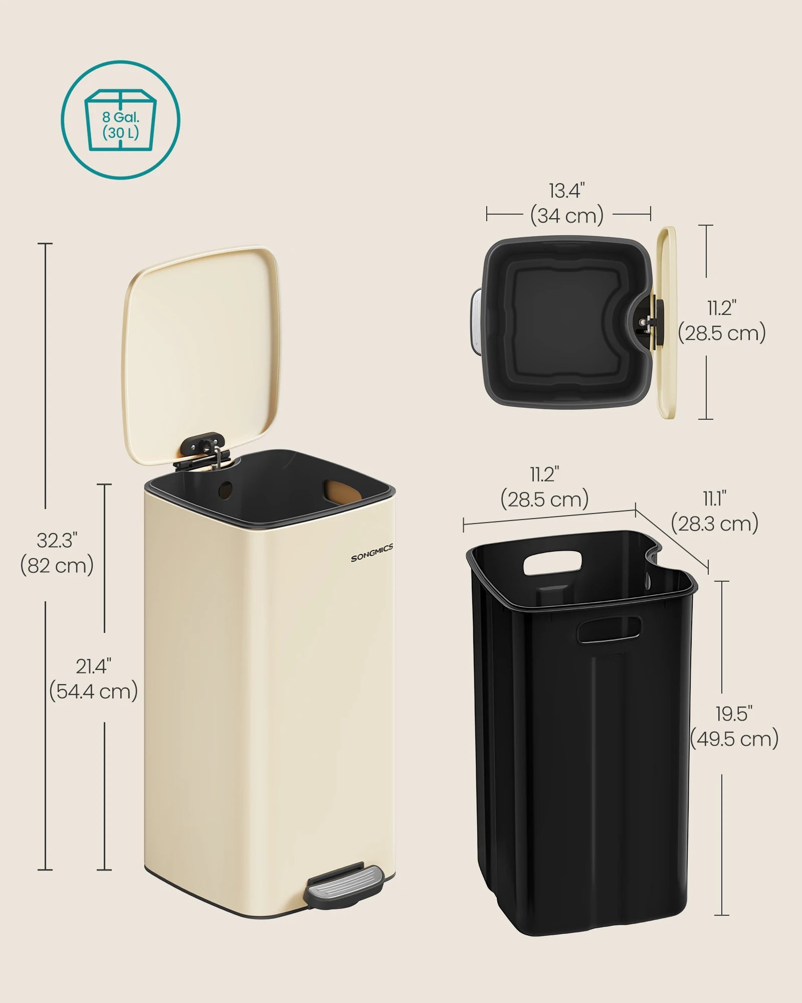 SONGMICS Kitchen Bin, 8-Gallon (30 L) Trash Bin, Steel Pedal Bin, with Inner Bucket, Soft Close