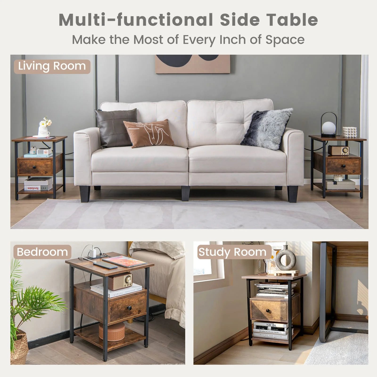 GOFLAME 3-Tier Nightstand Bedside Sofa Side Tables w/ Charging Station