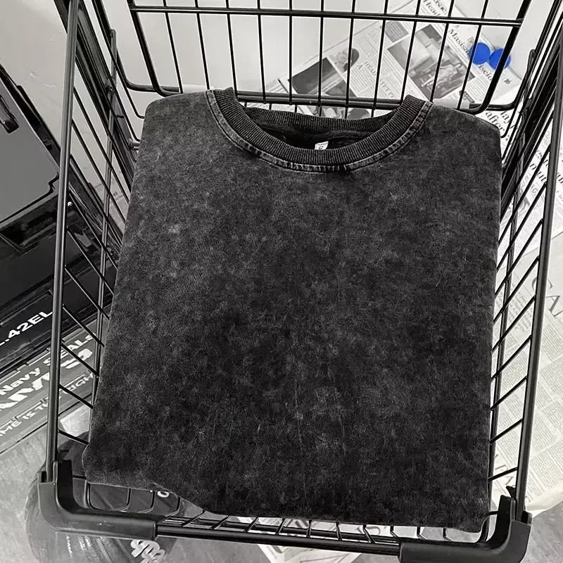 Distressed Heavy Cotton Short Sleeve T-shirt For Men Loose Fit Hong Kong Style Ins Half Sleeve Summer Trendy Body T-shirt