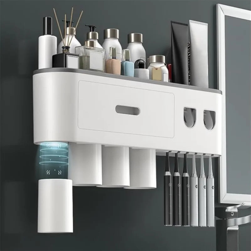 Automatic Toothpaste Dispenser Magnetic Toothbrush 2 Cups Holder 6 Toothbrush Hocks (2 Dispenser 2 Cups)