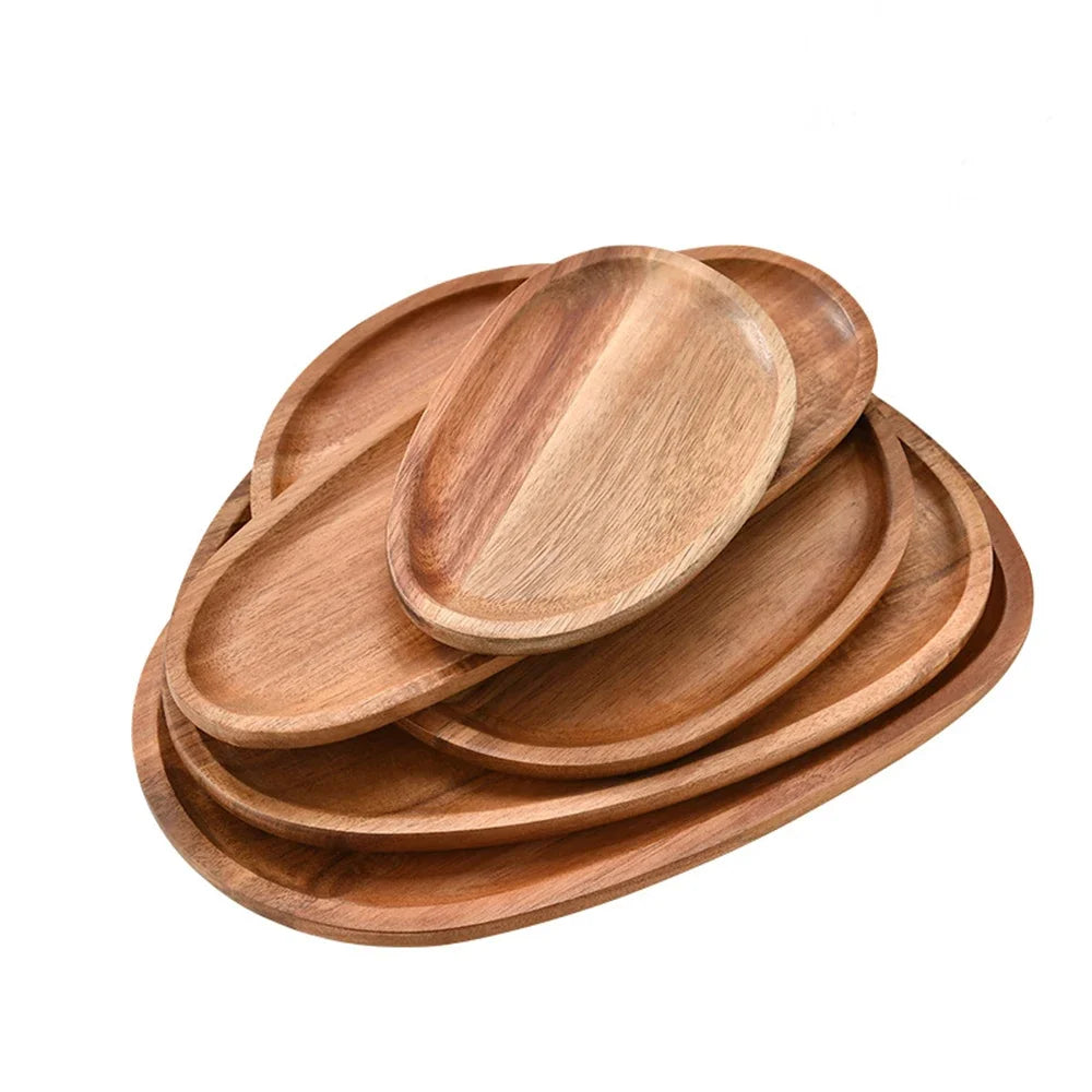 1Pc Oval Tray Food Serving Plate Acacia Wood Snack Deseert Plate Teaboard Natural Tea Food Server Dishes Drink Platter