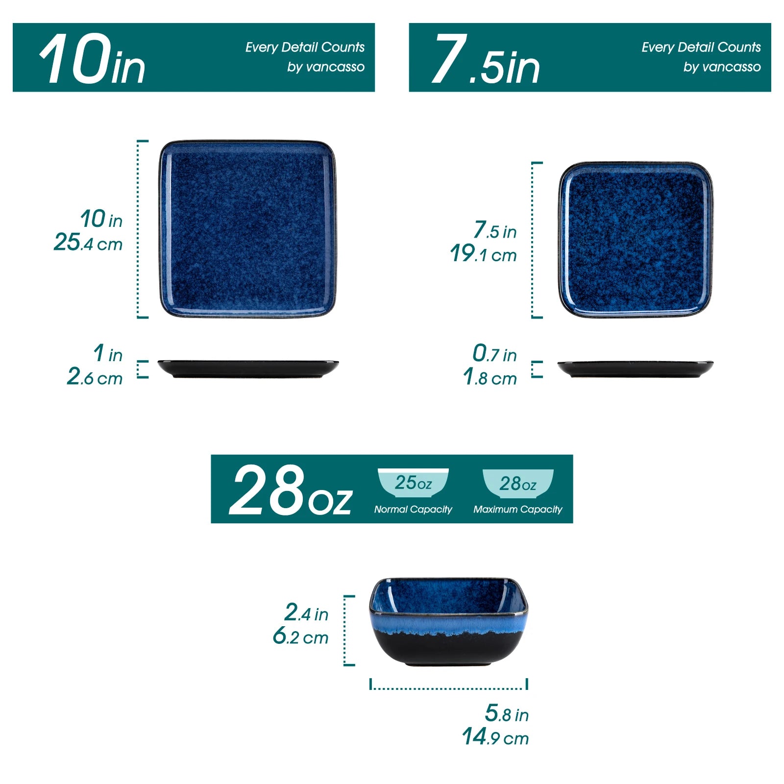 vancasso 12/24/36 Piece Ceramic Dinner Sets Square Blue Reactive Glaze Tableware Set with 4/8/12pcs Dinner Plate/ Dessert/Bowl
