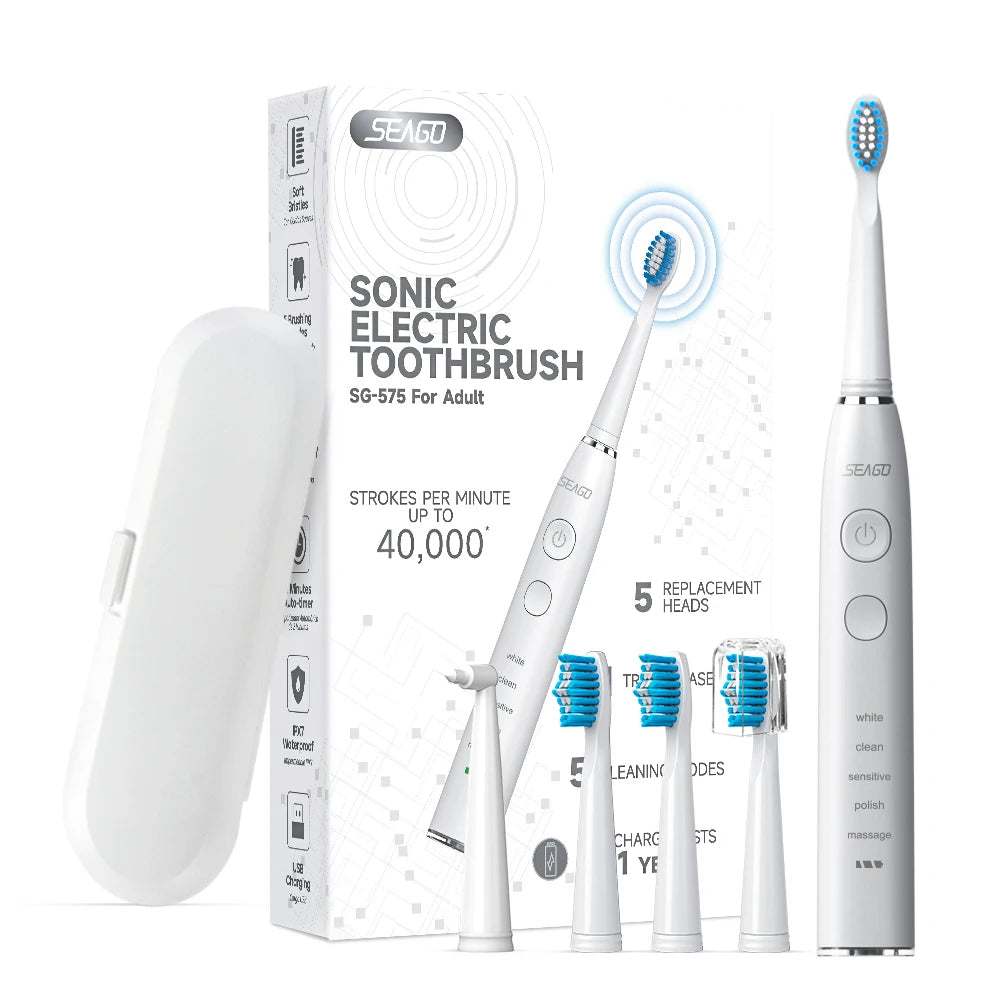 Seago Electric Toothbrush Sonic Toothbrush Once Charge Last about 300 Days 5 Modes 5 Toothbrush Heads 1 Travel Box Teeth Clean