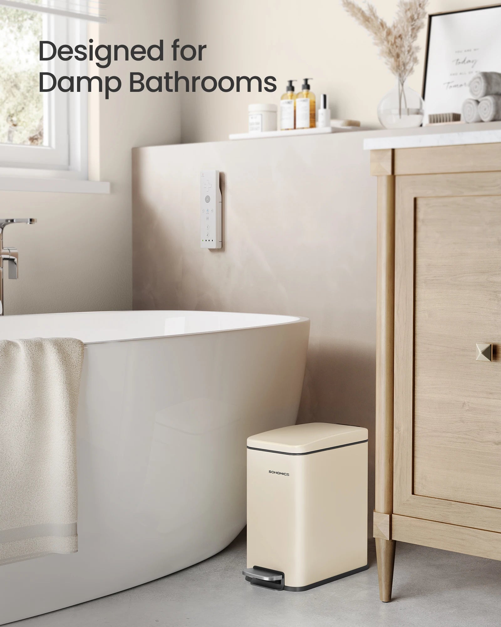 SONGMICS Bathroom Bin, 5L Small Bin with Lid, Pedal Toilet Bin, Slim for Small Spaces, Steel, Soft Close