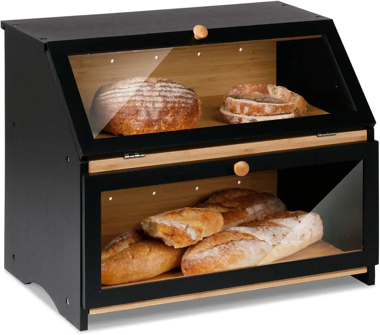 Double Layer Large Bread Box for Kitchen Counter, Wooden Large Capacity Bread Storage Bin  kitchen organizer