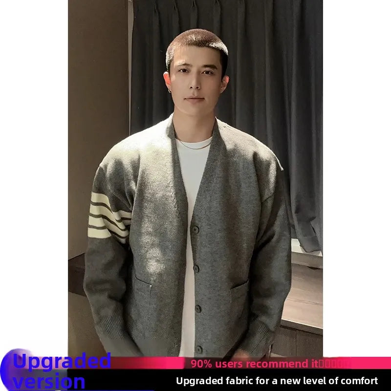 ay Striped Knit Cardigan Spring Autumn Men's V-Ne Sweater Casual Loose Fit Long Sve Polyester Fiber Faionable