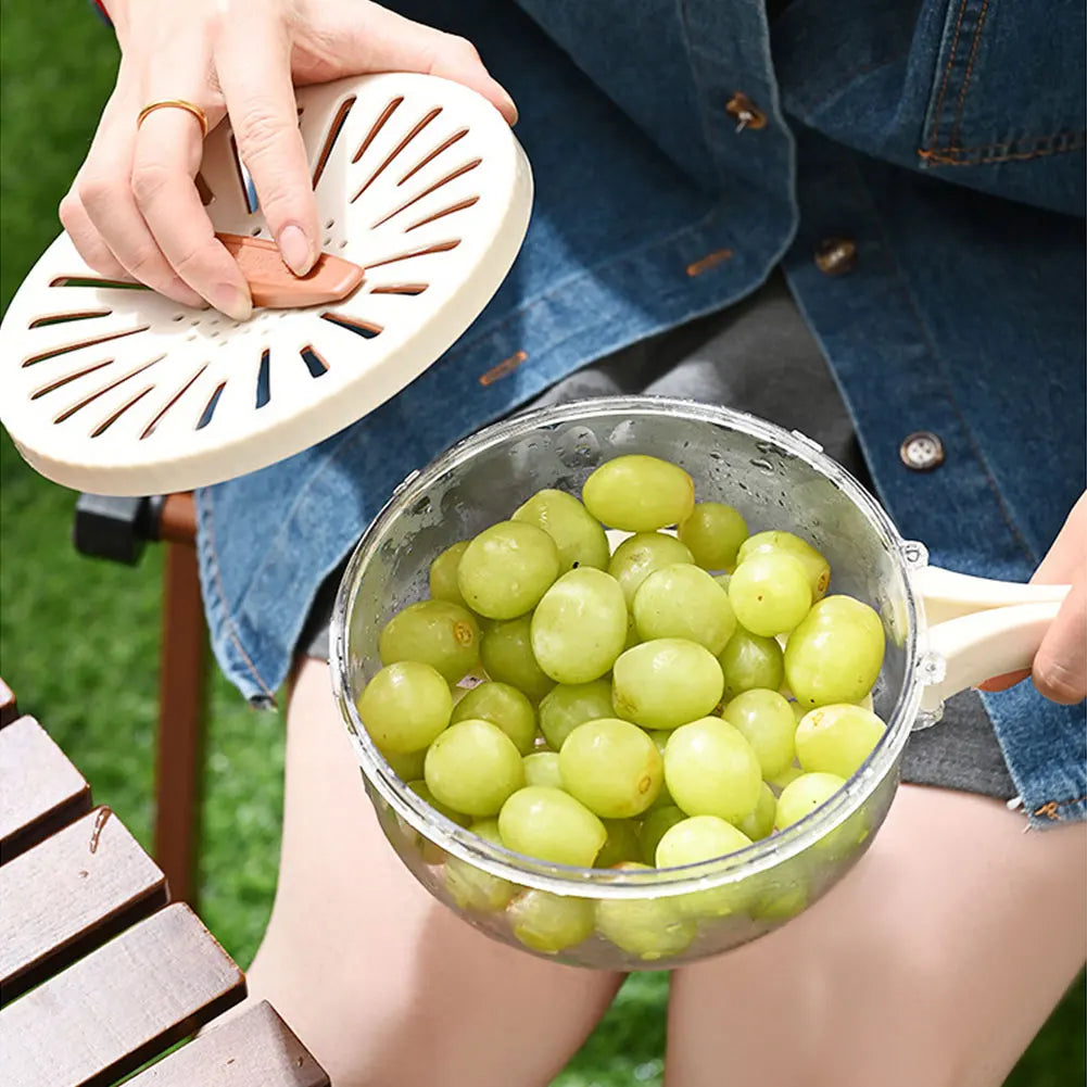 Fruit Drain Basket Strainer with Lid Foldable Handle Cleaning Colanders for Salad Mixing Vegetable Washing Bowl Food Storage